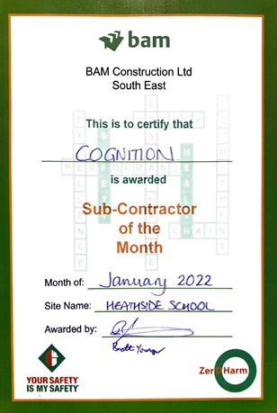 Cognition awarded Sub-Contractor of the month!